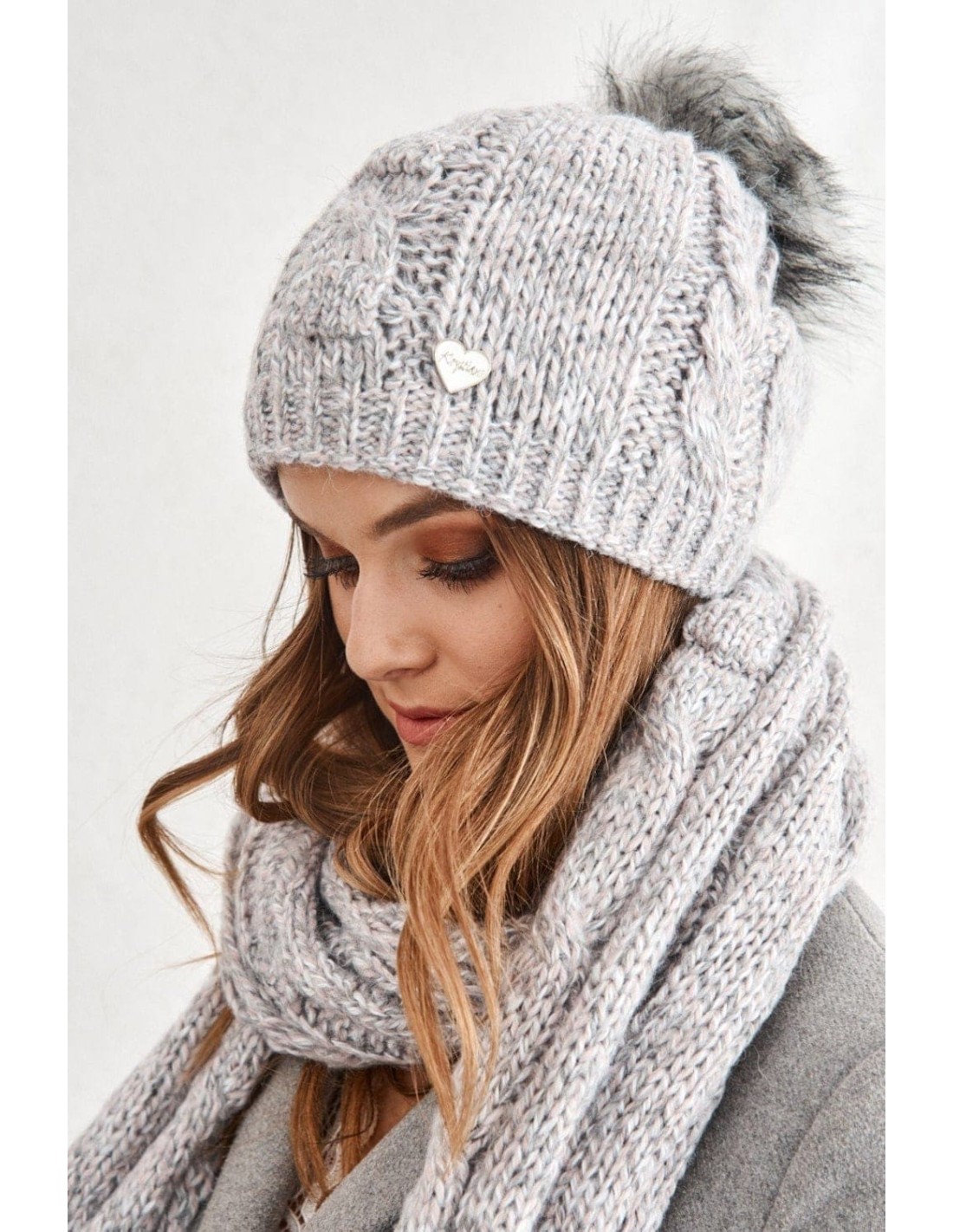 Winter set of hat and scarf, light gray and pink C40 - Online store - Boutique